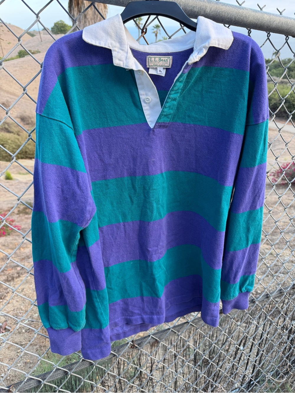 L.L. Bean Men's Teal and Purple Striped V‑Neck Rugby Pullover